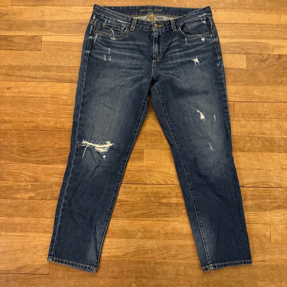 Michael Kors medium wash mid rise distressed straight leg ankle jeans sz 8
b47